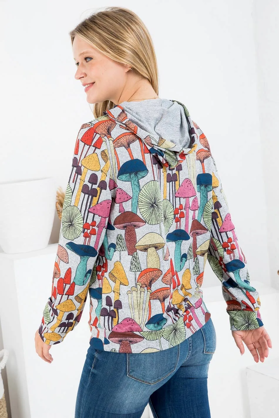 Whimsical Mushroom Print Hoodie with Pocket: LARGE