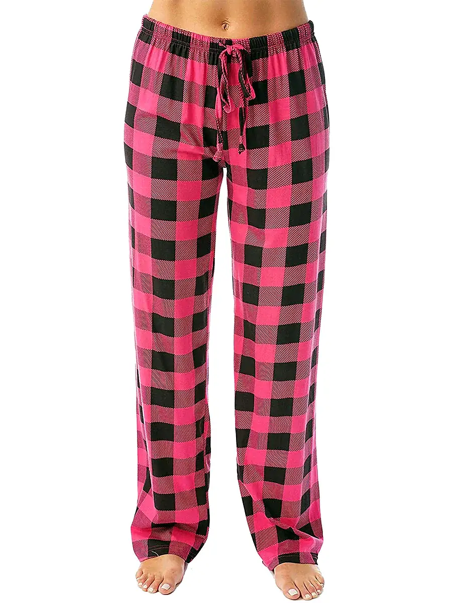 White and Pink Women's Flannel Grid/Plaid Pajama Bottoms with Adjustable Waist