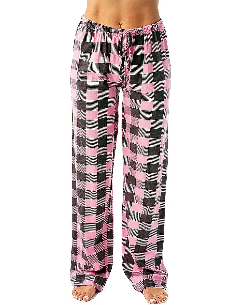 White and Pink Women's Flannel Grid/Plaid Pajama Bottoms with Adjustable Waist