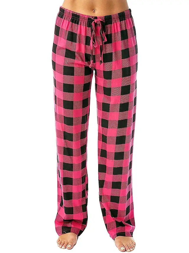 White and Pink Women's Flannel Grid/Plaid Pajama Bottoms with Adjustable Waist