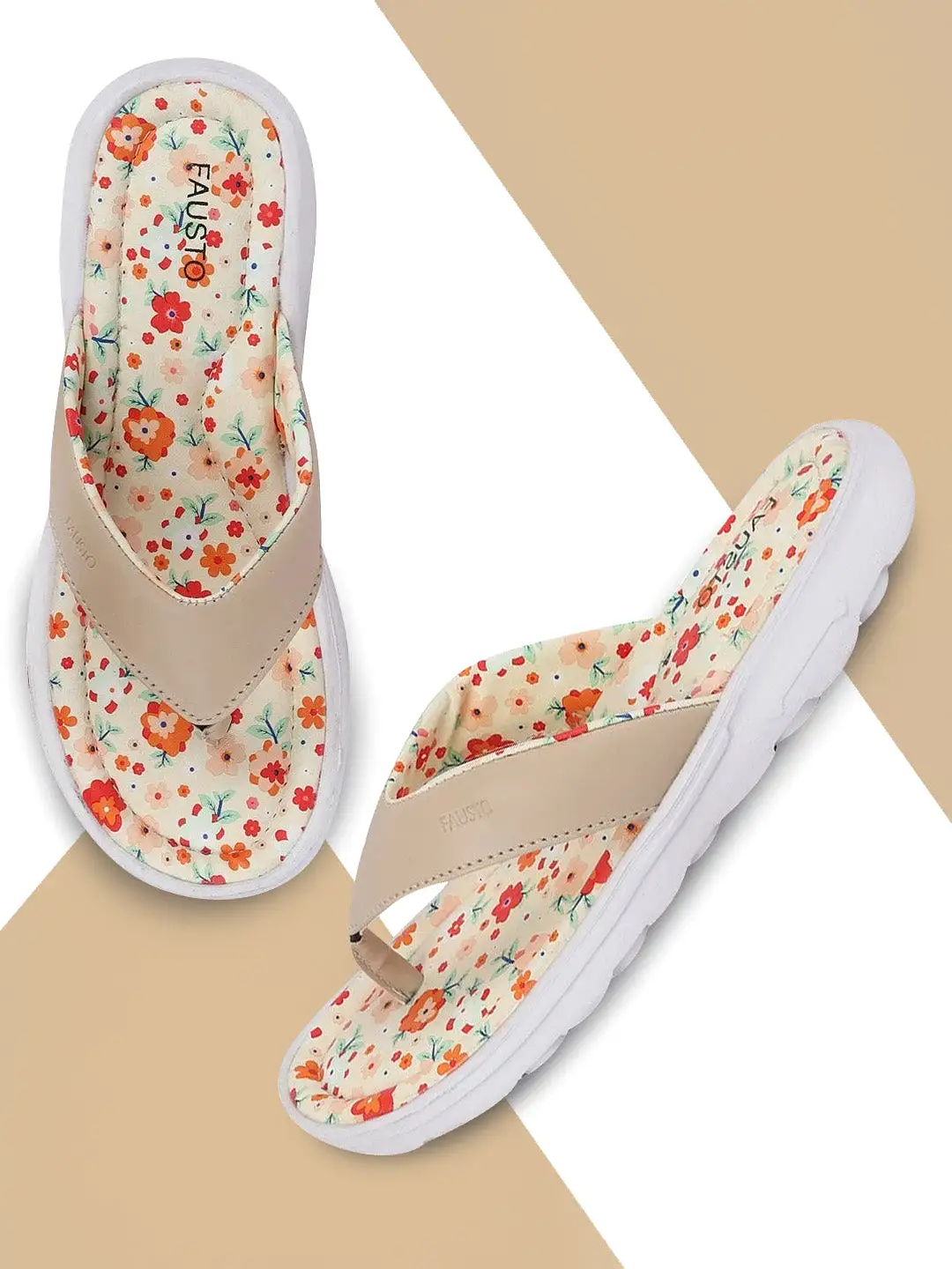 Women Beige Floral Slippers & Flip Flops