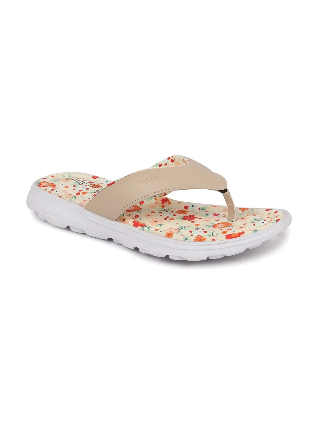 Women Beige Floral Slippers & Flip Flops