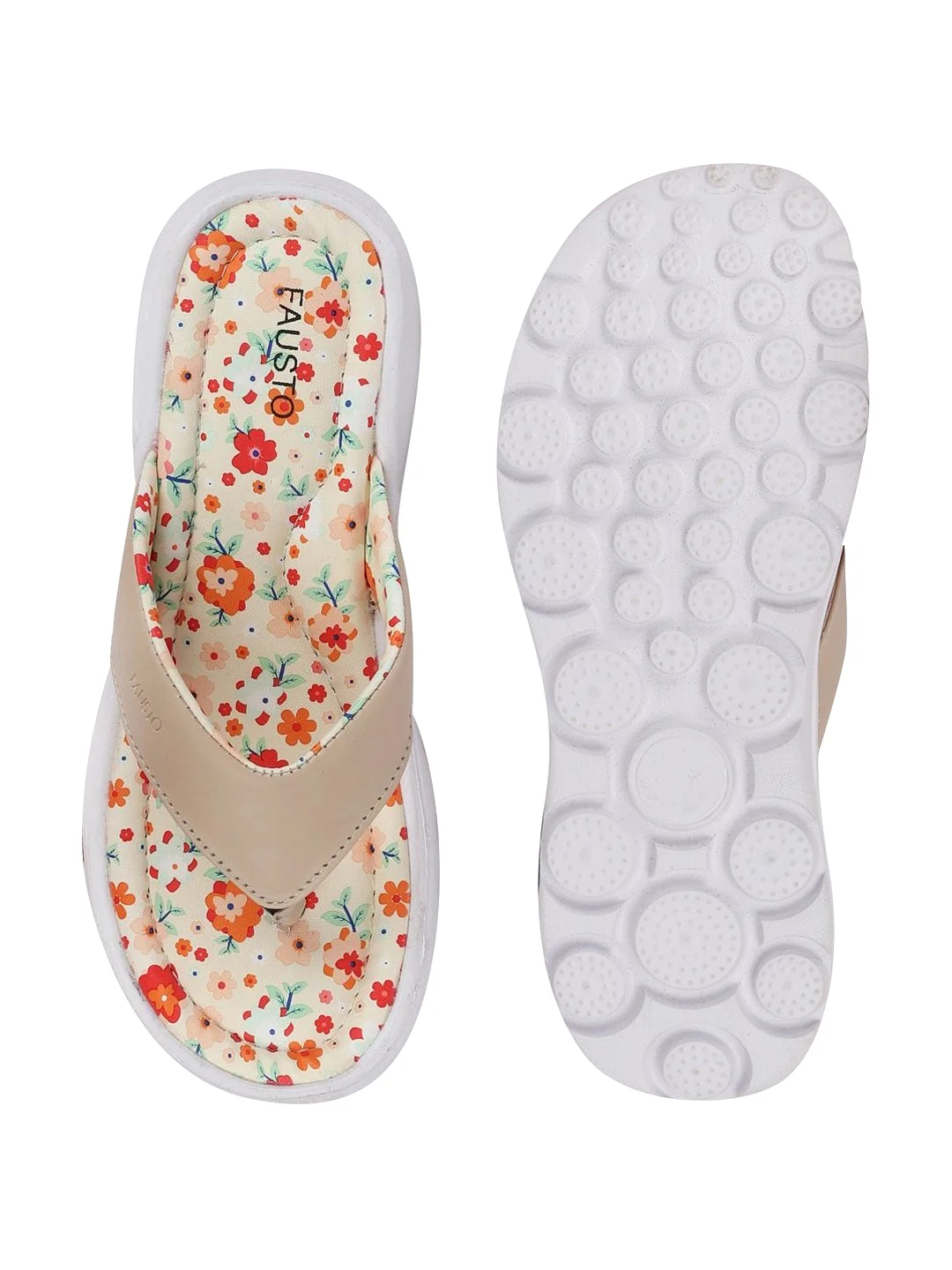 Women Beige Floral Slippers & Flip Flops