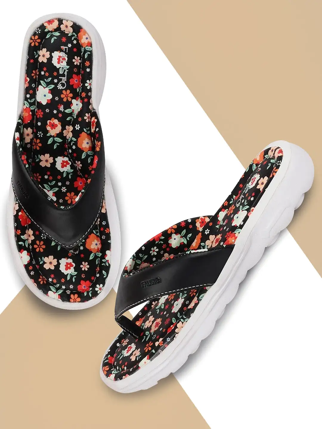 Women Black Floral Slippers & Flip Flops