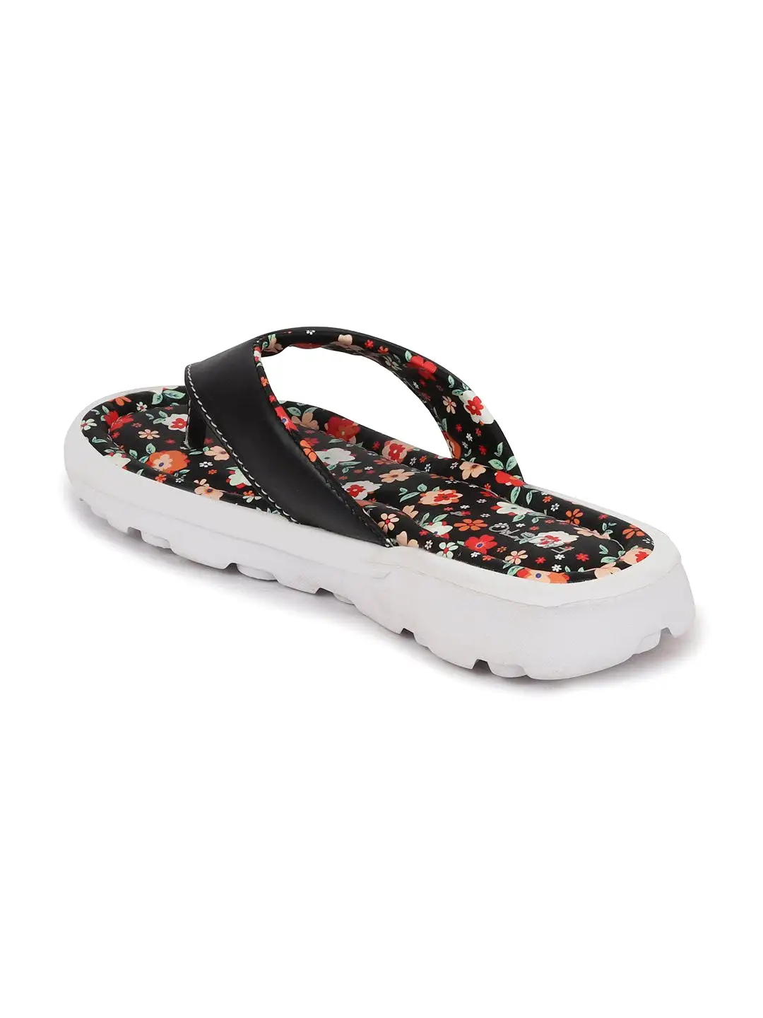 Women Black Floral Slippers & Flip Flops