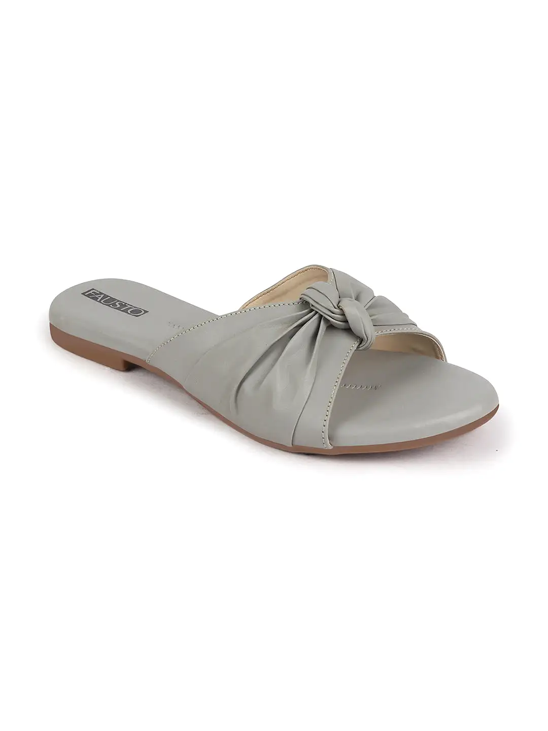 Women Grey Bow Design Open Toe Slip On Flats Slippers