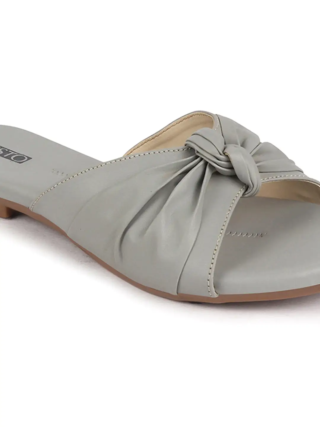 Women Grey Bow Design Open Toe Slip On Flats Slippers