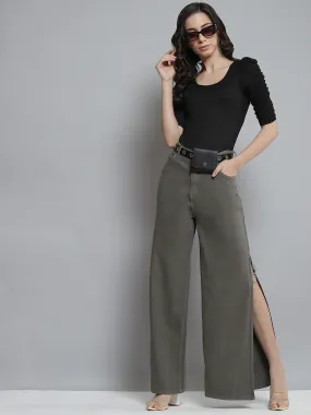 Women Grey Side Chain Slit Jeans