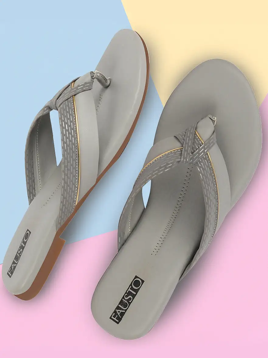 Women Grey T-Strap Thong Slip On Flats Slippers