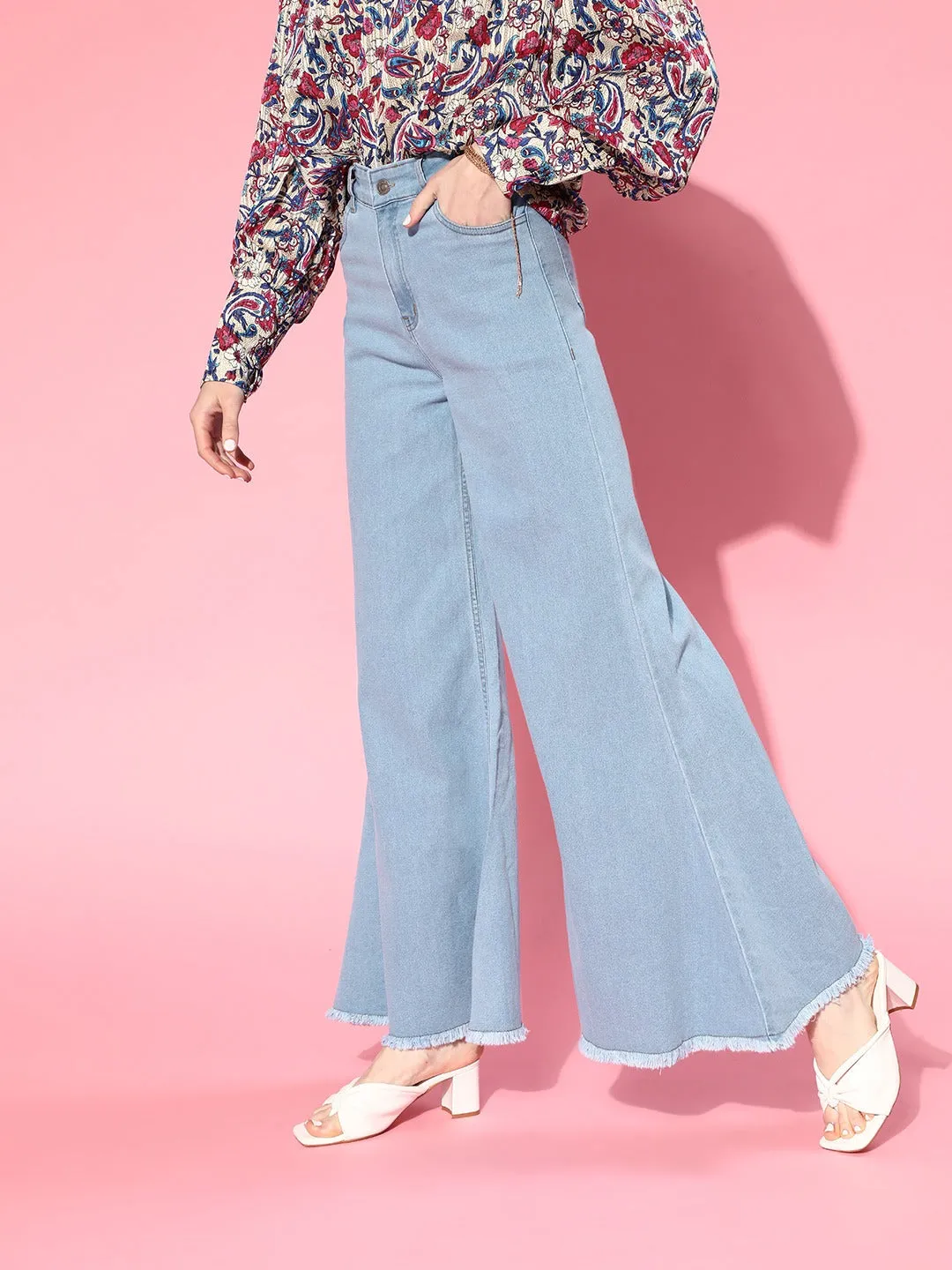 Women Ice Blue Wide Leg Flared Jeans