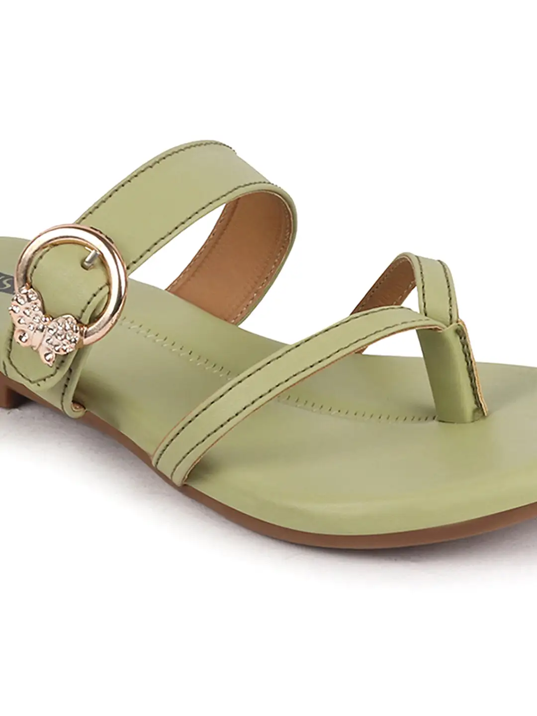 Women Leaf Party Chrome Design Buckle Strap Thong Slip On Flats Slipper