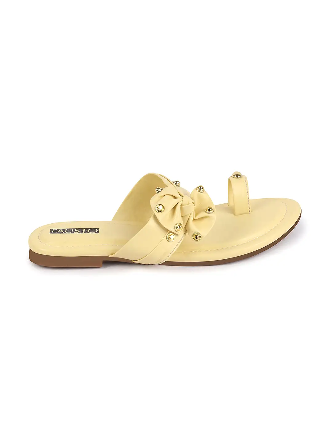 Women Lemon Bow Design Toe Ring Slip On Flats Slippers