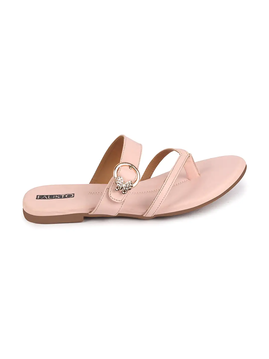 Women Pink Party Chrome Design Buckle Strap Thong Slip On Flats Slipper