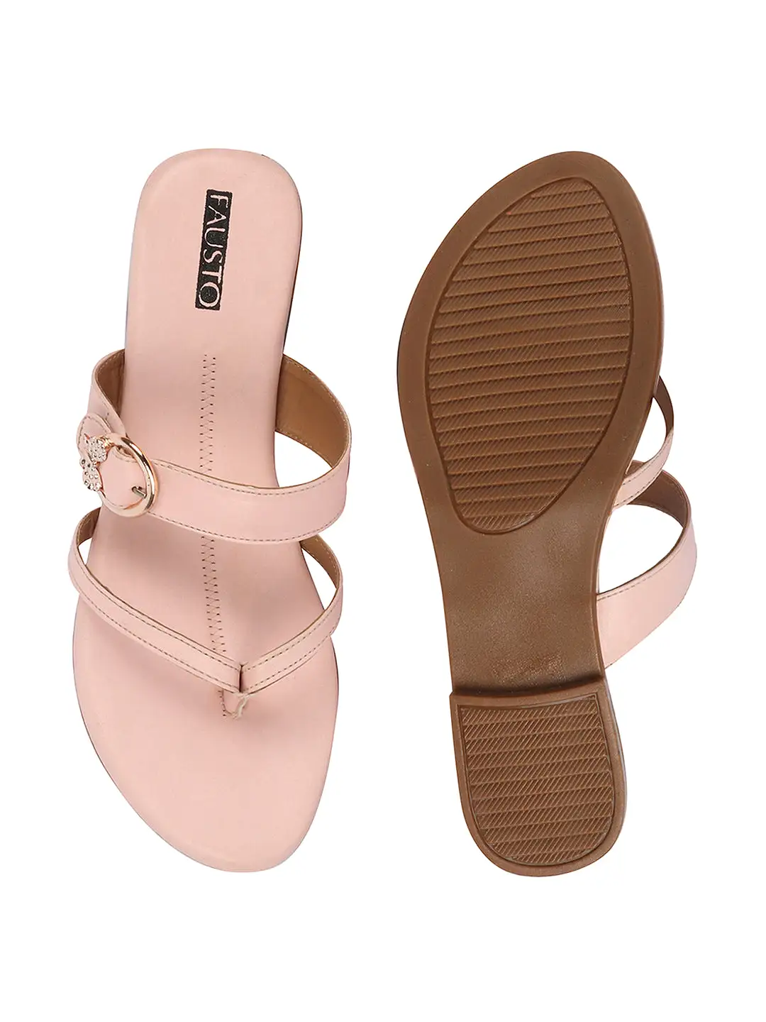 Women Pink Party Chrome Design Buckle Strap Thong Slip On Flats Slipper