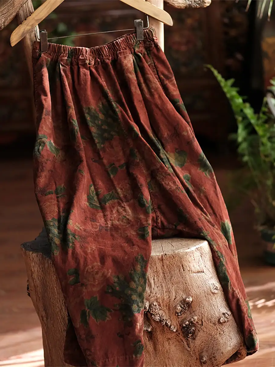 Women Retro Flower Print Spring Cotton Wide-leg Pants