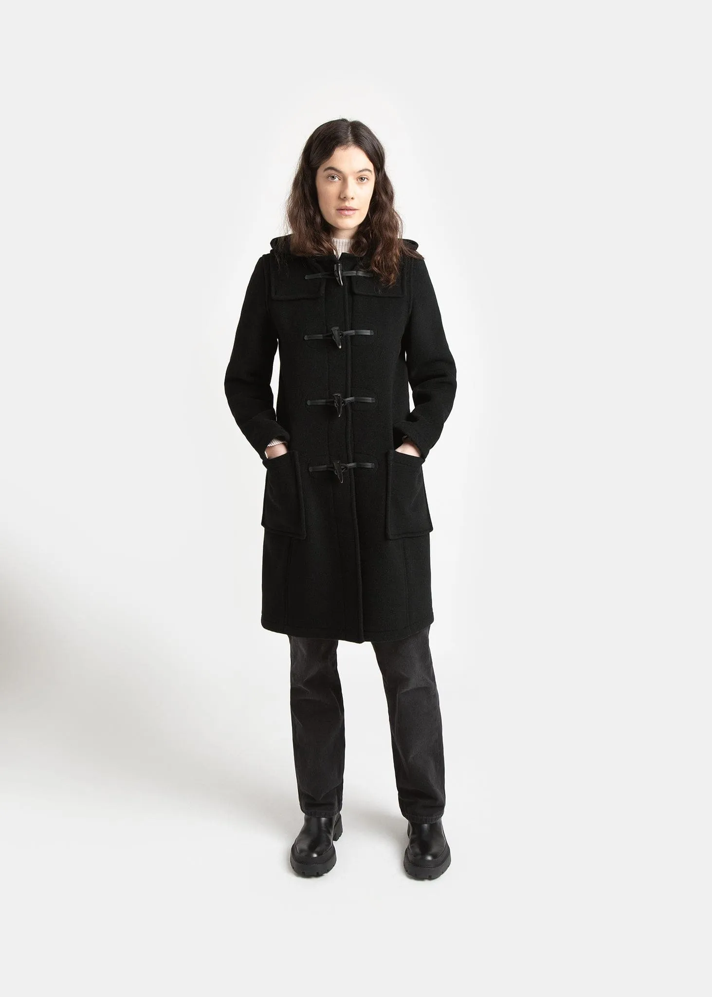 Women's Long Slim Fit Duffle Coat Black Royal Stewart