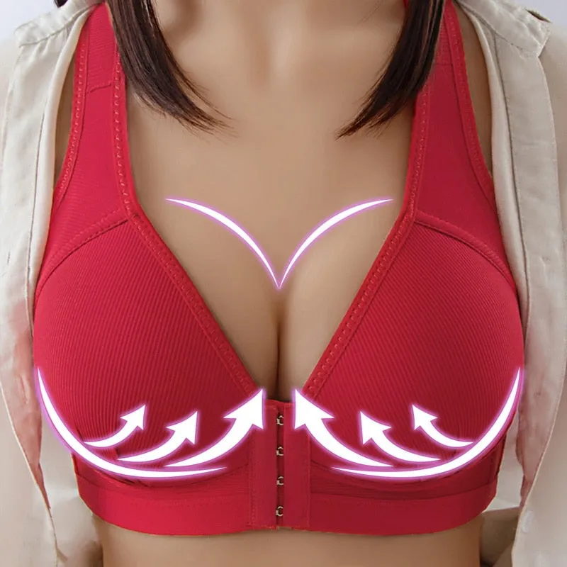 Women's Sexy Red Seamless Front Closure Wire Free Full Cup Push-Up Bra