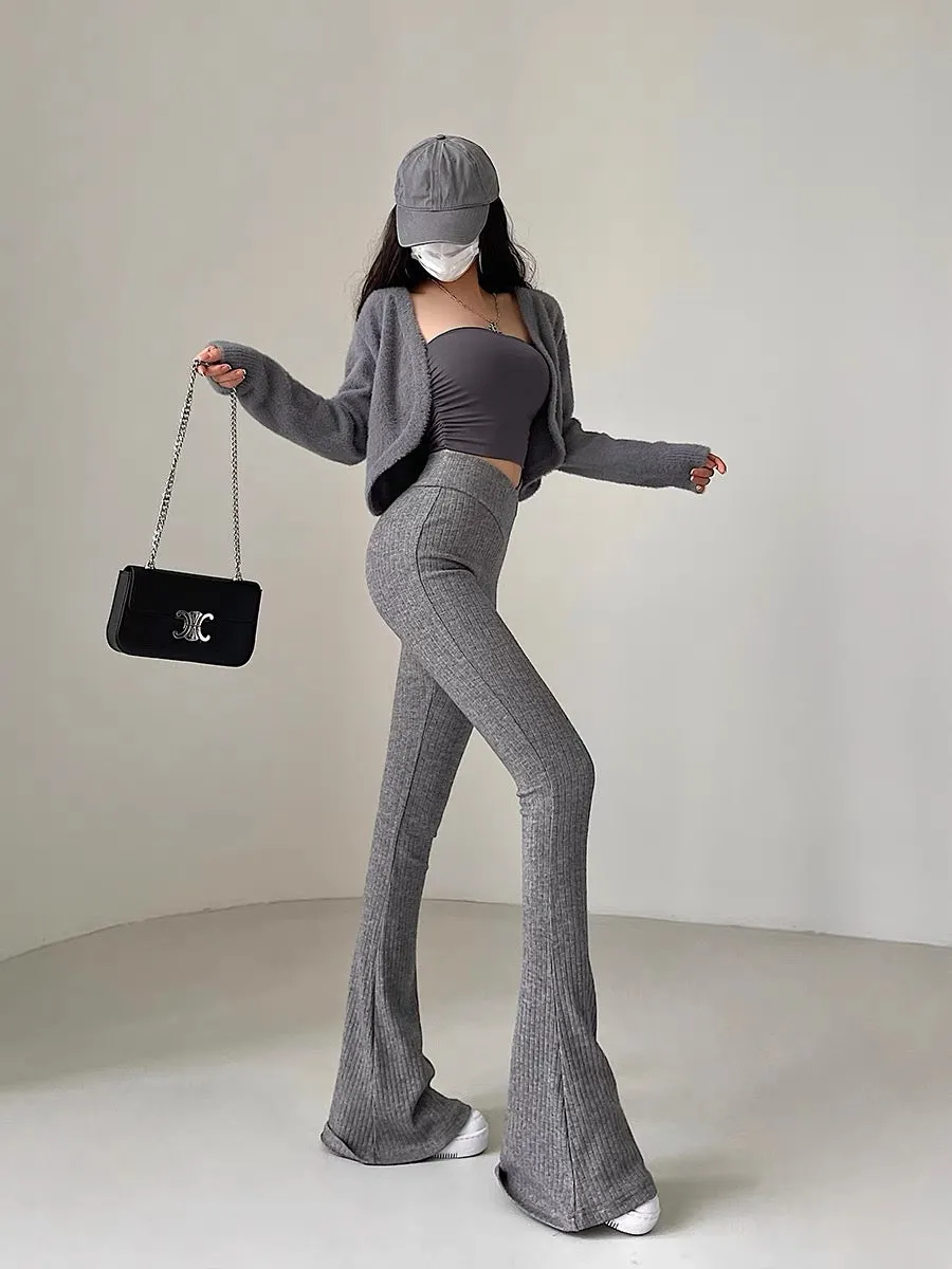 YoungGirlDay European and American high-waisted V-shaped waist tight slightly flared leg-length knitted casual pants floor-lengt