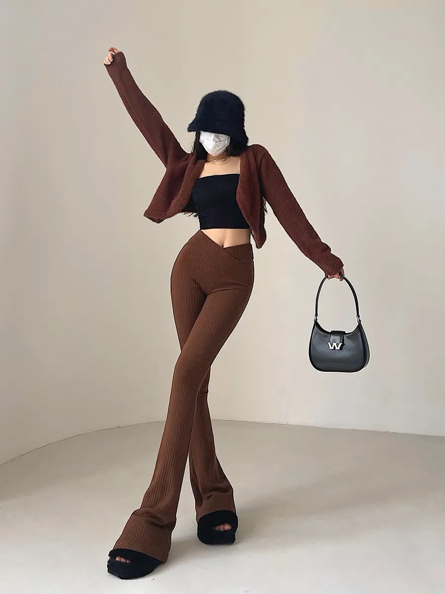 YoungGirlDay European and American high-waisted V-shaped waist tight slightly flared leg-length knitted casual pants floor-lengt