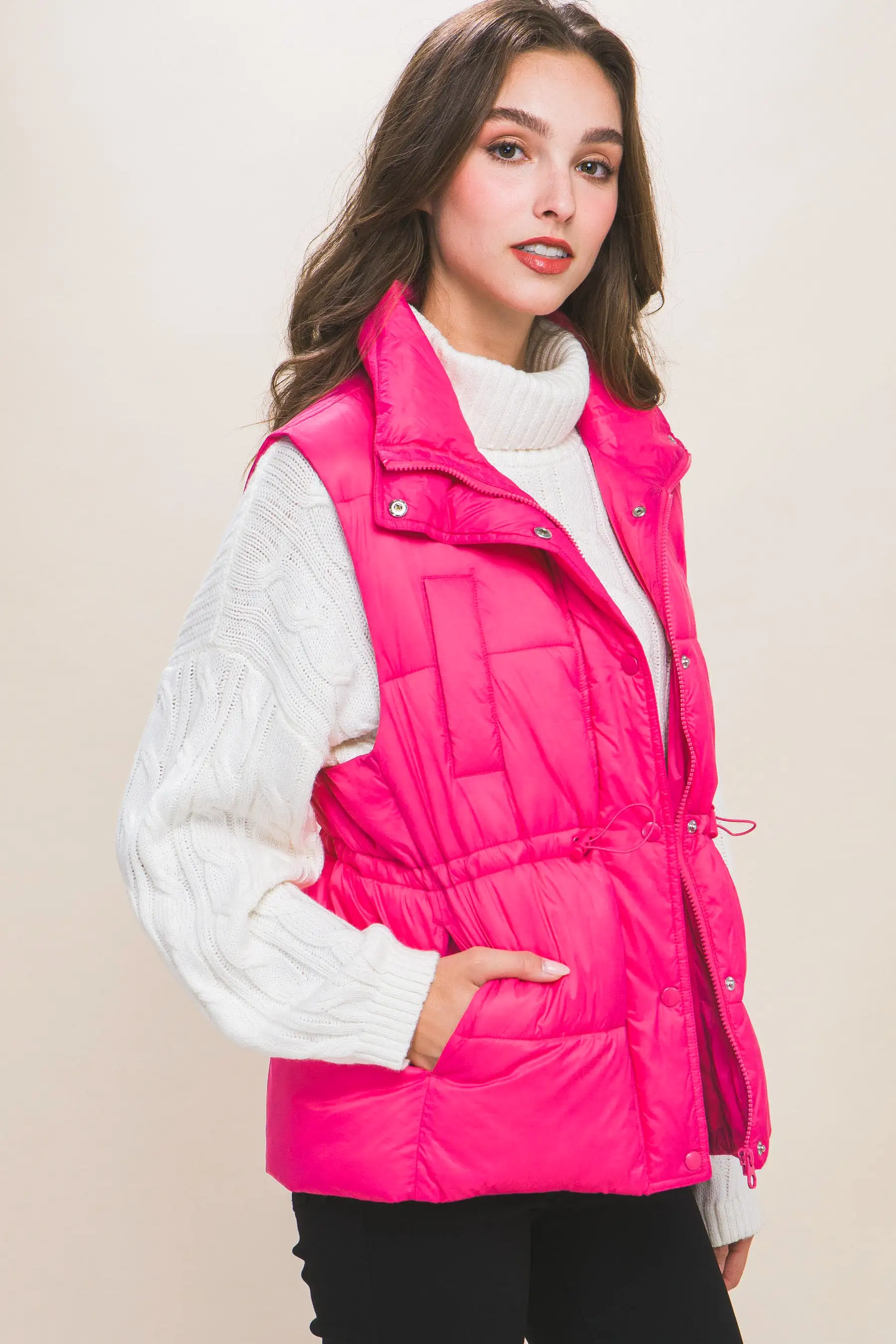 Zip Up Button Puffer Vest With Waist Toggles